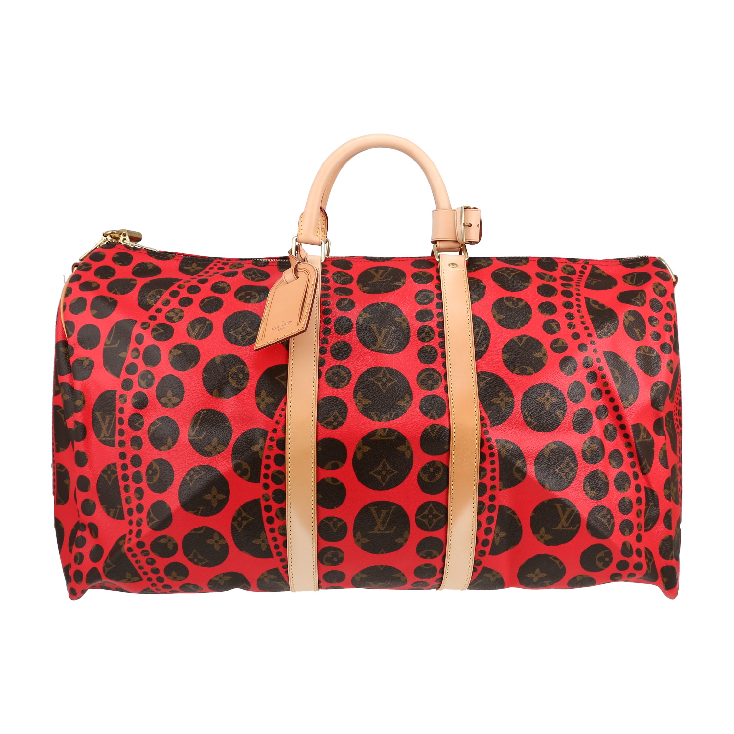 Louis Vuitton Keepall Editions Limitées travel bag in brown and red monogram canvas and natural leather - Detail D1