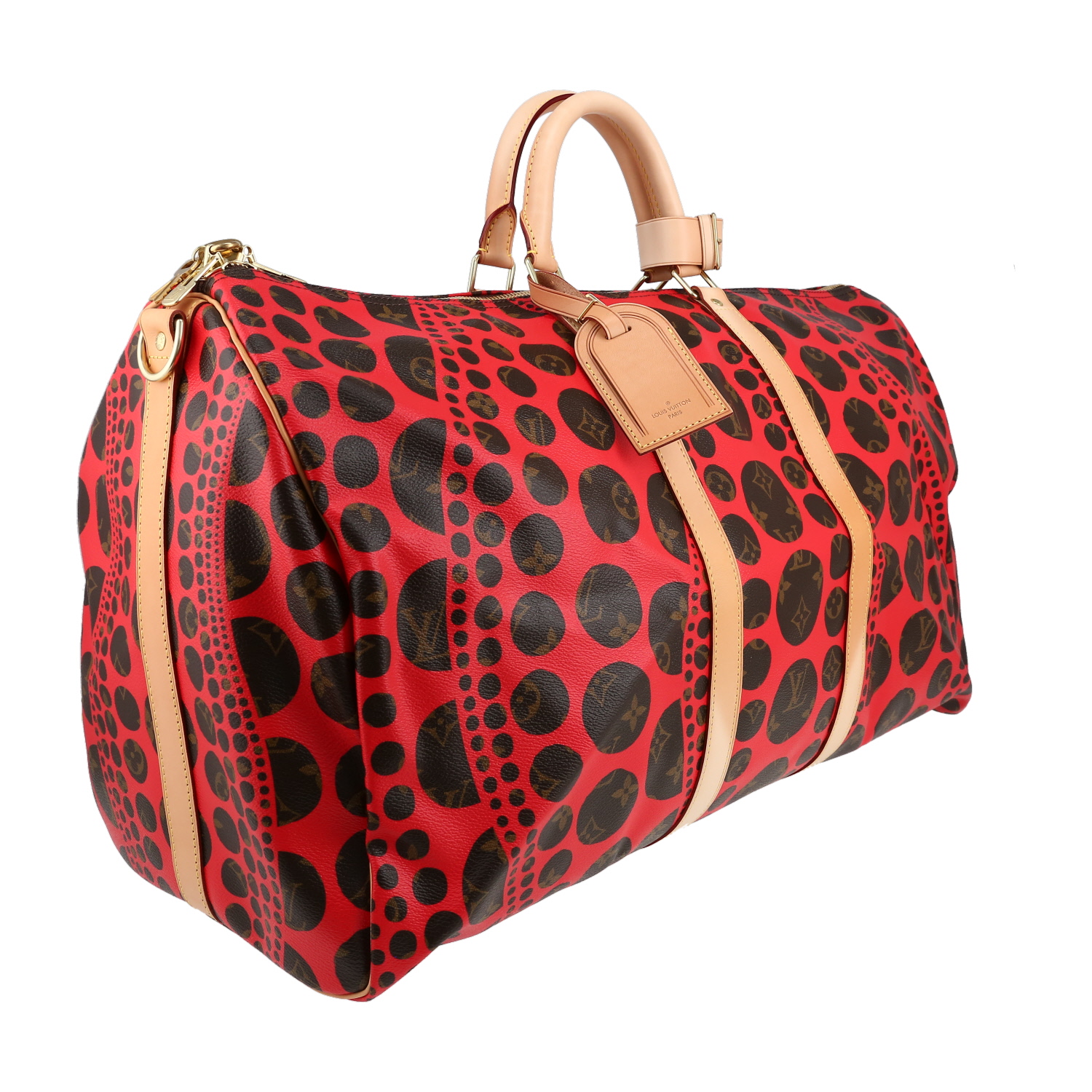 Sac de voyage Louis Vuitton  Keepall Editions Limitées en toile monogram marron et rouge et cuir naturel - Detail D3