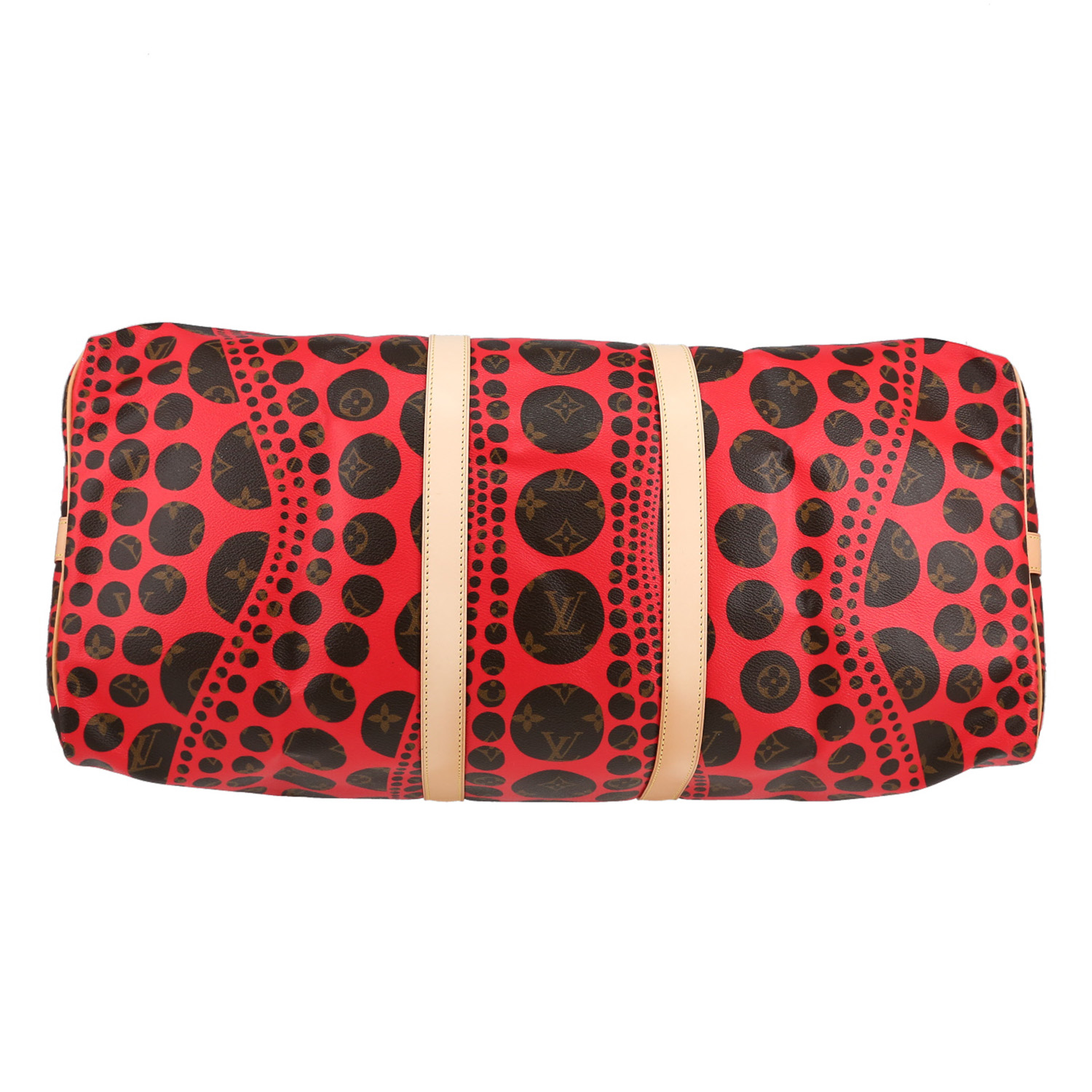 Bolsa de viaje Louis Vuitton Keepall Editions Limitées en lona Monogram marrón y roja y cuero natural - Detail D4