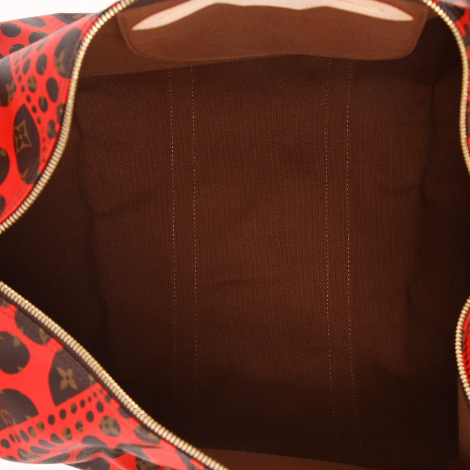 Sac de voyage Louis Vuitton  Keepall Editions Limitées en toile monogram marron et rouge et cuir naturel - Detail D7