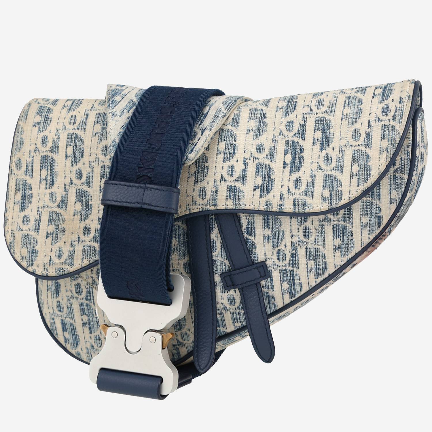 Borsa a tracolla Dior  Pochette Saddle in tela siglata blu e bianca e pelle blu