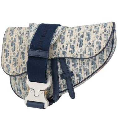 Borsa a tracolla Dior  Pochette Saddle in tela siglata blu e bianca e pelle blu