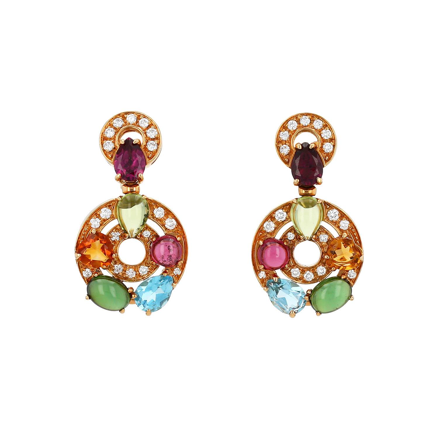 Half-articulated Bulgari Astrale earrings in yellow gold, colored stones and diamonds, in tourmaline and in peridots - 00pp