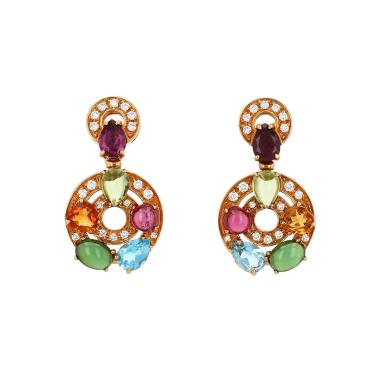 Paire de boucles d'oreilles semi-articulée Bulgari Astrale en or jaune, pierres de couleurs et diamants, en tourmalines et en péridots