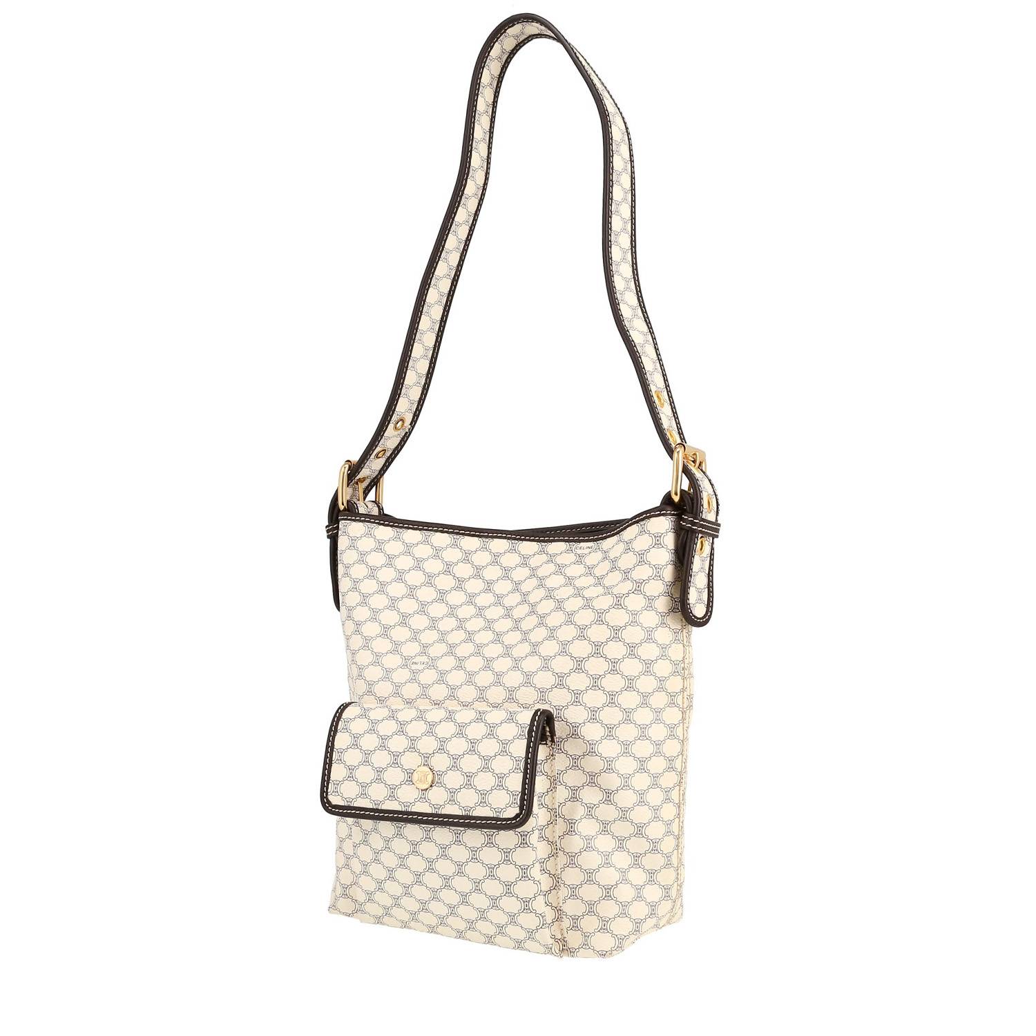 Celine Vintage shoulder bag in white "Triomphe" canvas and brown leather