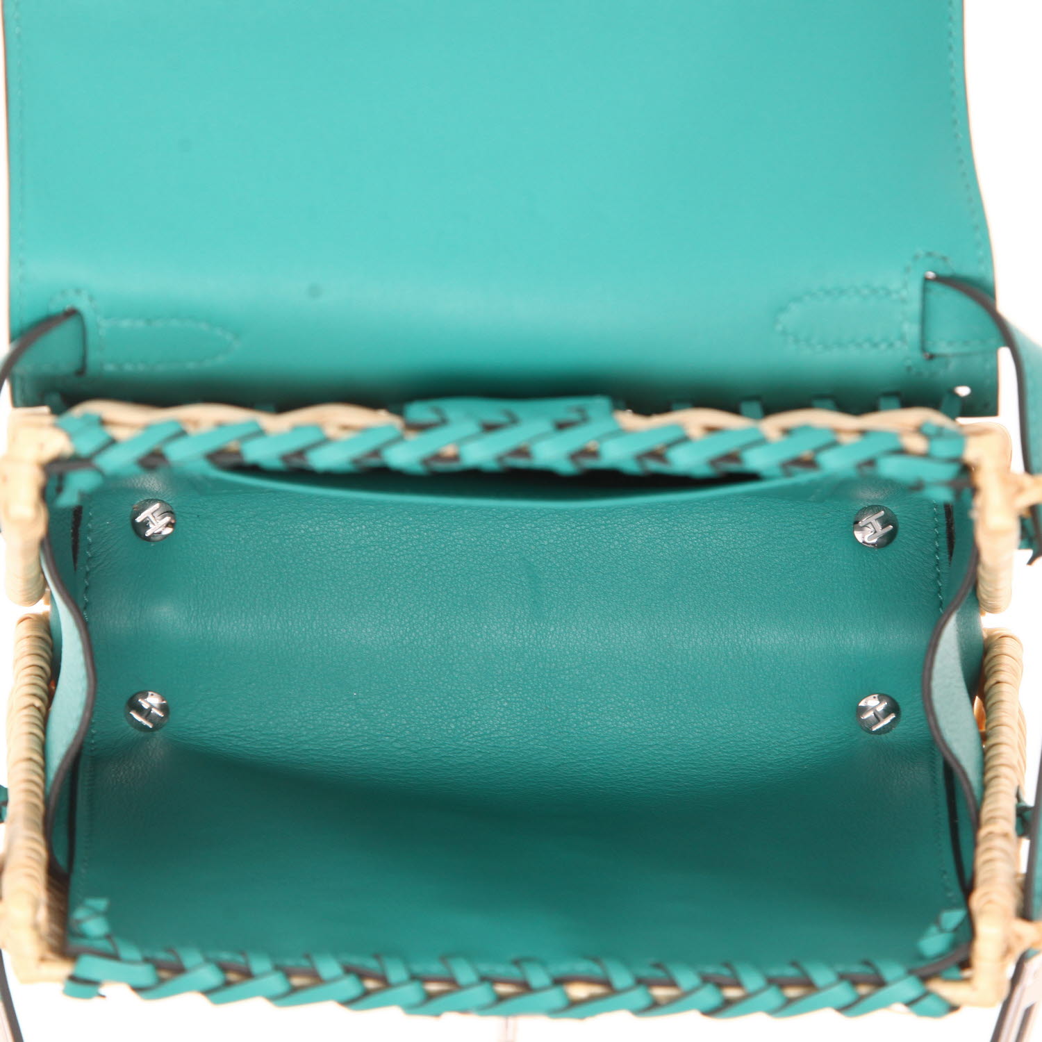 Bolso de mano Hermès  Kelly 20 cm Picnic en mimbre y cuero swift Vert Veronese - Detail D3