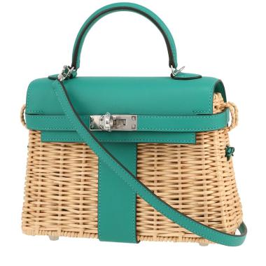 Borsa Hermès  Kelly 20 cm Picnic in vimini e pelle Swift Vert Veronese