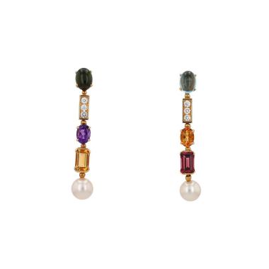 Paire de pendants d'oreilles articulée Bulgari Allegra en or jaune,  diamants et pierres de couleurs