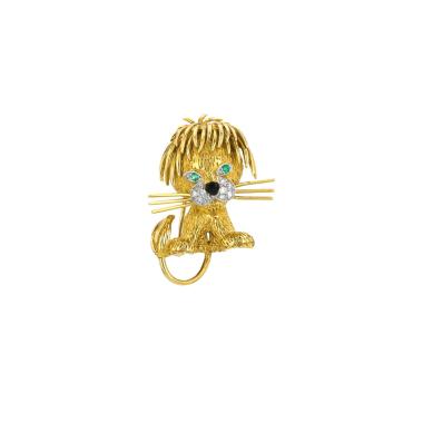 Broche-colgante Van Cleef & Arpels Lion Ebouriffé modelo pequeño de oro amarillo, diamantes y esmeraldas
