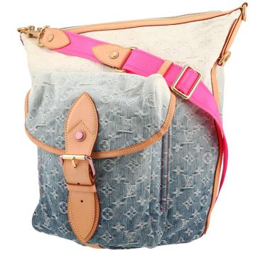 Sac Louis Vuitton  Sunburst en toile monogram bleue et blanche et cuir naturel marron