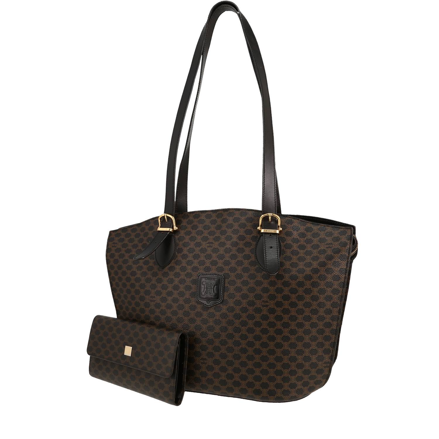 Celine Vintage bag worn on the shoulder or carried in the hand in brown and black "Triomphe" canvas and black leather