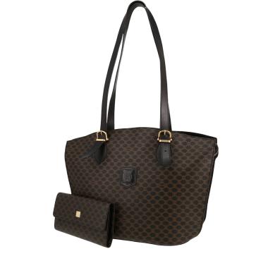 Borsa da spalla o a mano Celine  Vintage in tela "Triomphe" marrone e nera e pelle nera