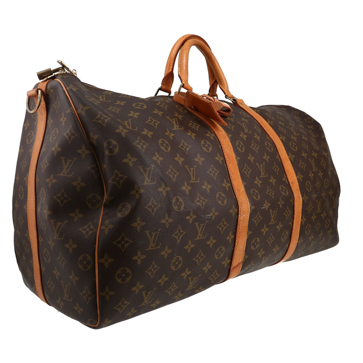 Borsa da viaggio Louis Vuitton  Keepall 60 in tela monogram marrone e pelle naturale - Detail D3