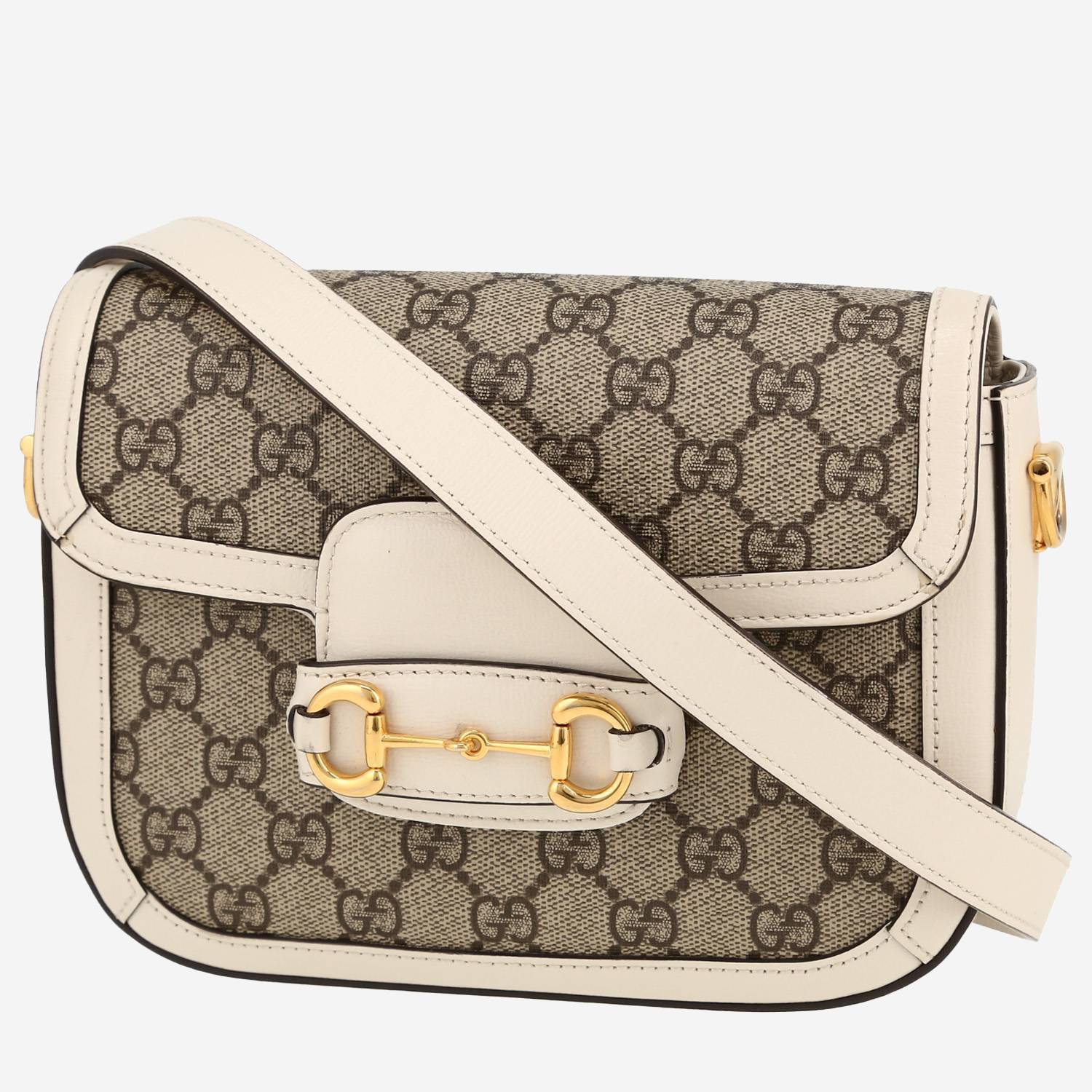 Borsa a tracolla Gucci  1955 Horsebit mini  in tela monogram beige e pelle bianca