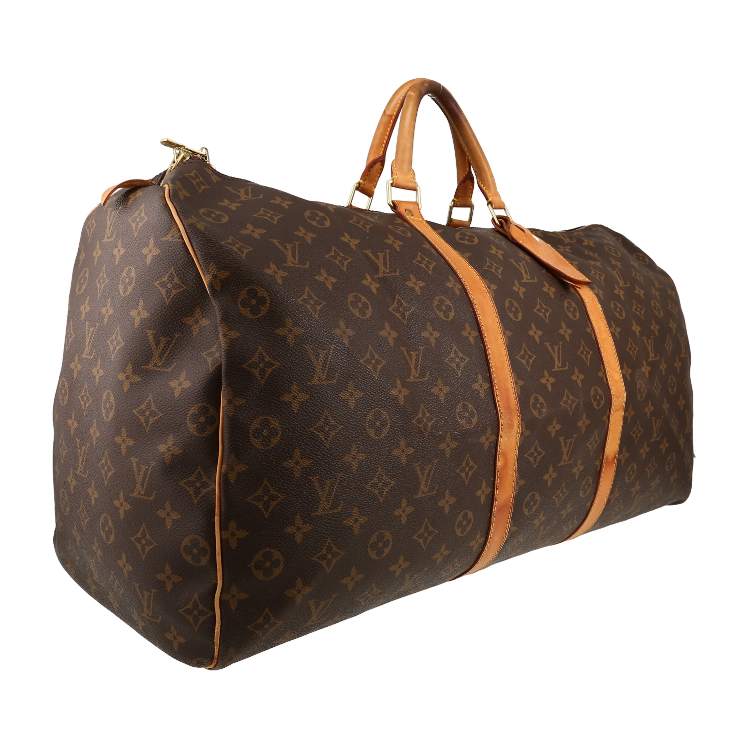 Bolsa de viaje Louis Vuitton  Keepall 60 en lona Monogram marrón y cuero natural - Detail D3