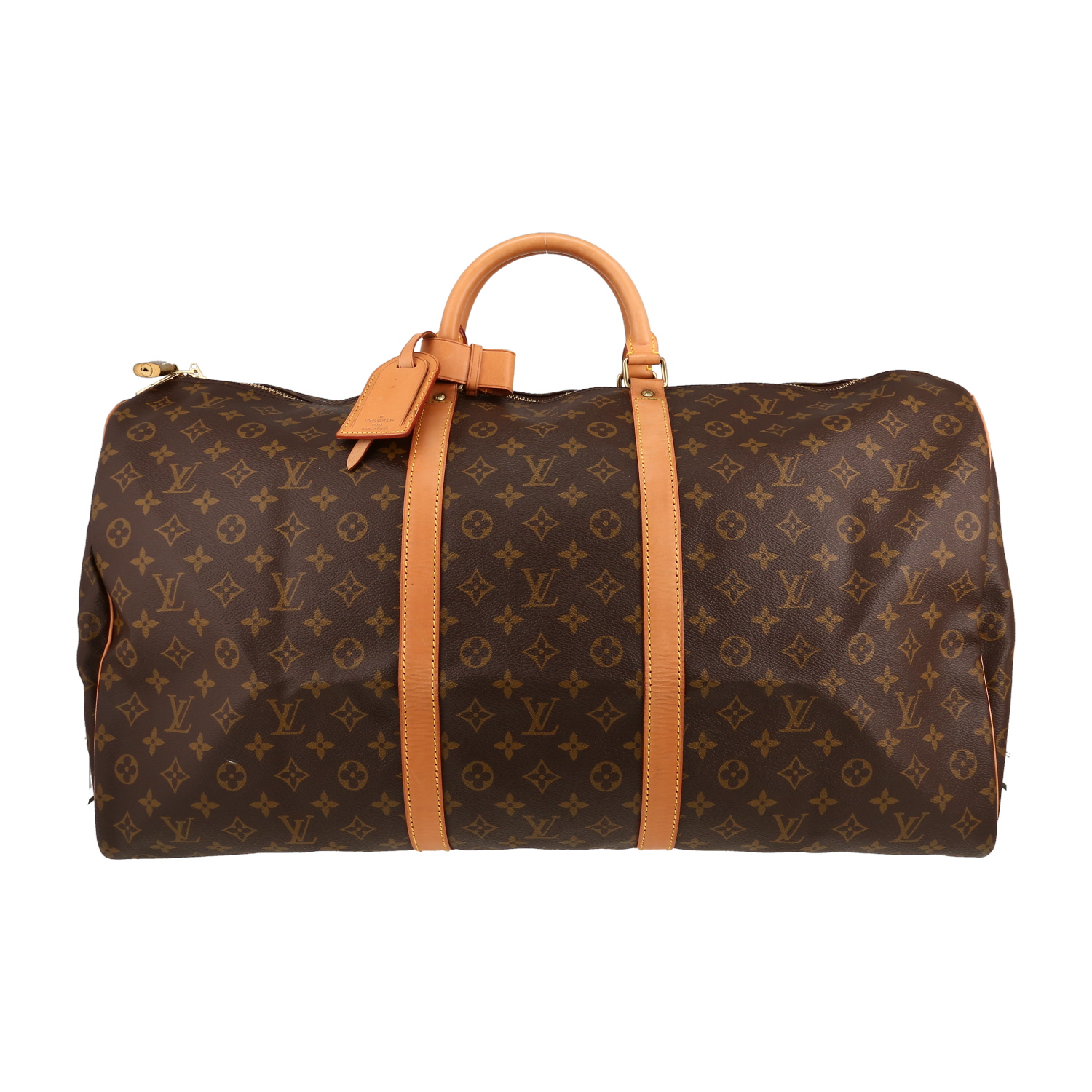 Bolsa de viaje Louis Vuitton  Keepall 60 en lona Monogram marrón y cuero natural - Detail D1