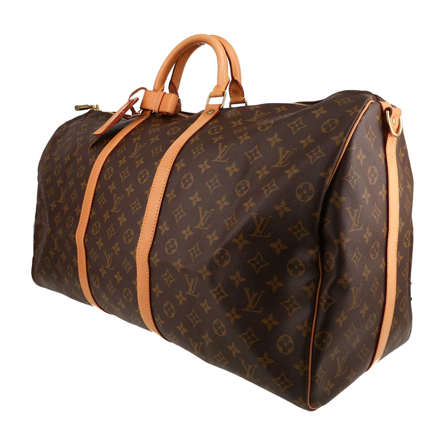 Bolsa de viaje Louis Vuitton  Keepall 60 en lona Monogram marrón y cuero natural - Detail D2