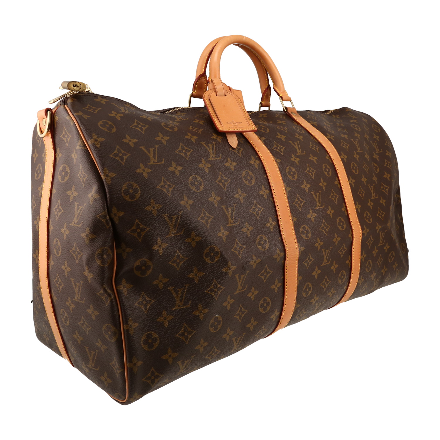 Borsa da viaggio Louis Vuitton  Keepall 60 in tela monogram marrone e pelle naturale - Detail D3