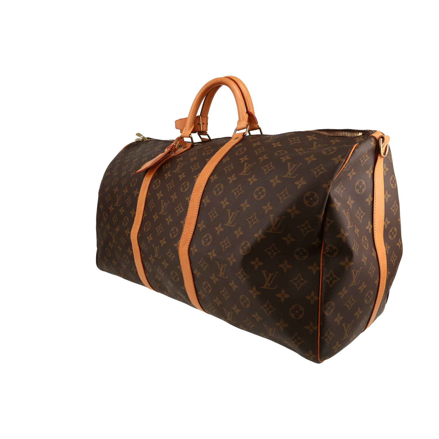 Sac de voyage Louis Vuitton  Keepall 60 en toile monogram marron et cuir naturel - Detail D2