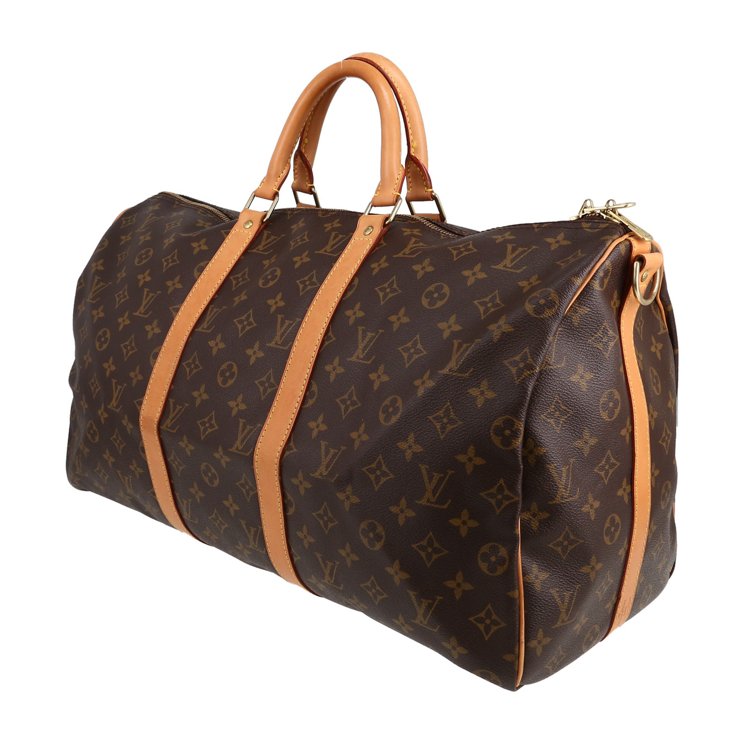 Sac de voyage Louis Vuitton  Keepall 50 en toile monogram marron et cuir naturel - Detail D2