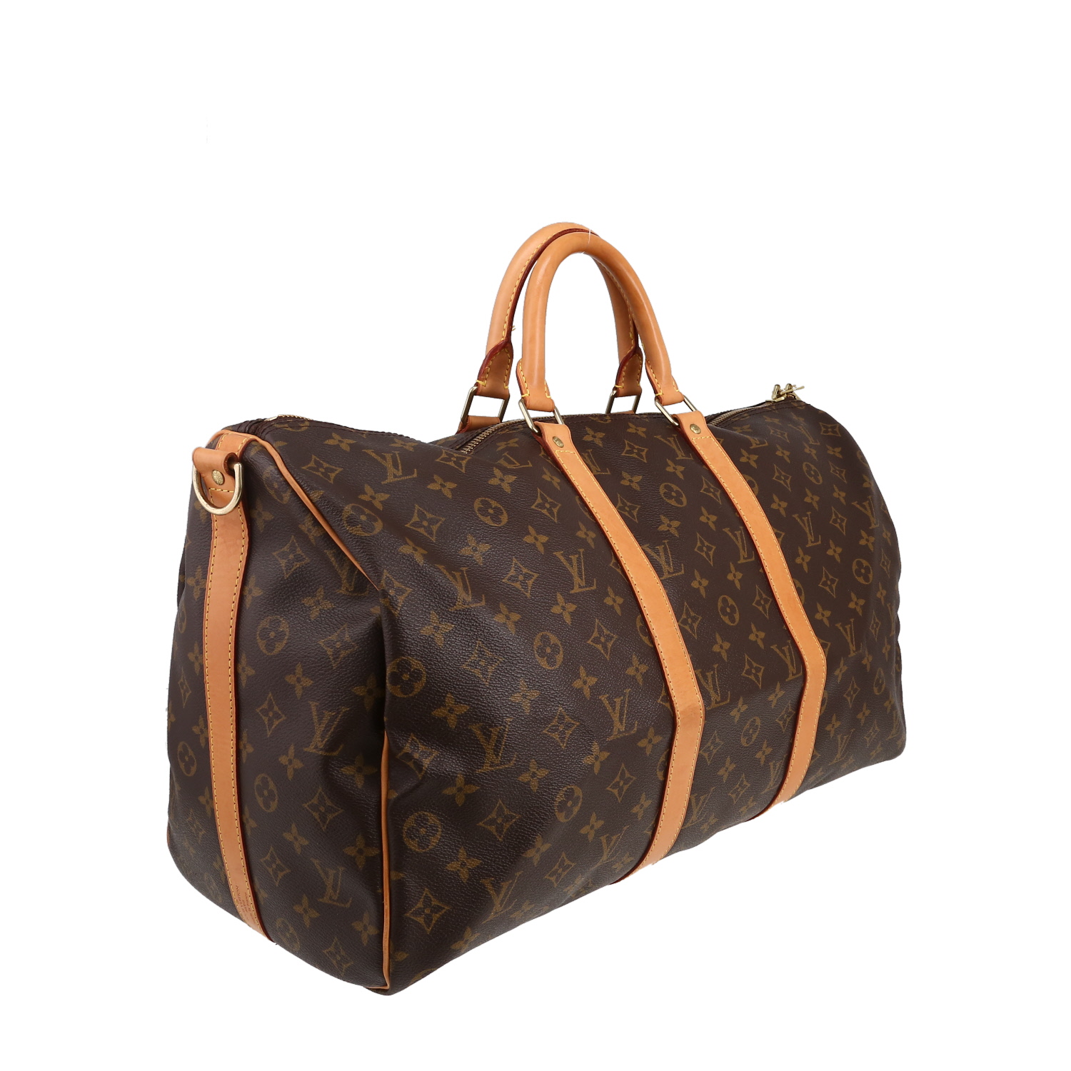 Sac de voyage Louis Vuitton  Keepall 50 en toile monogram marron et cuir naturel - Detail D3