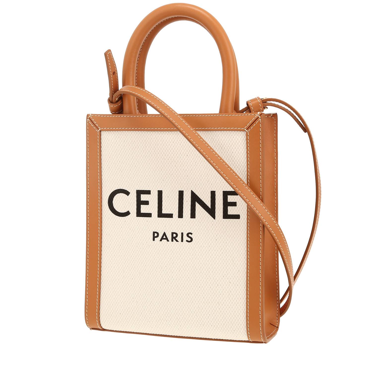 Sac bandoulière Celine  Vertical petit modèle  en toile beige et cuir marron