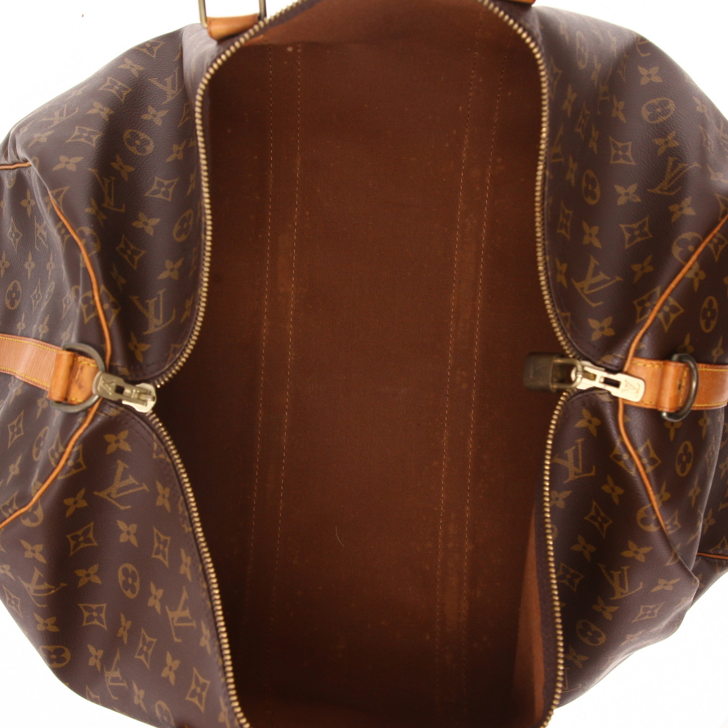 Sac de voyage Louis Vuitton  Keepall 55 en toile monogram marron et cuir naturel - Detail D7
