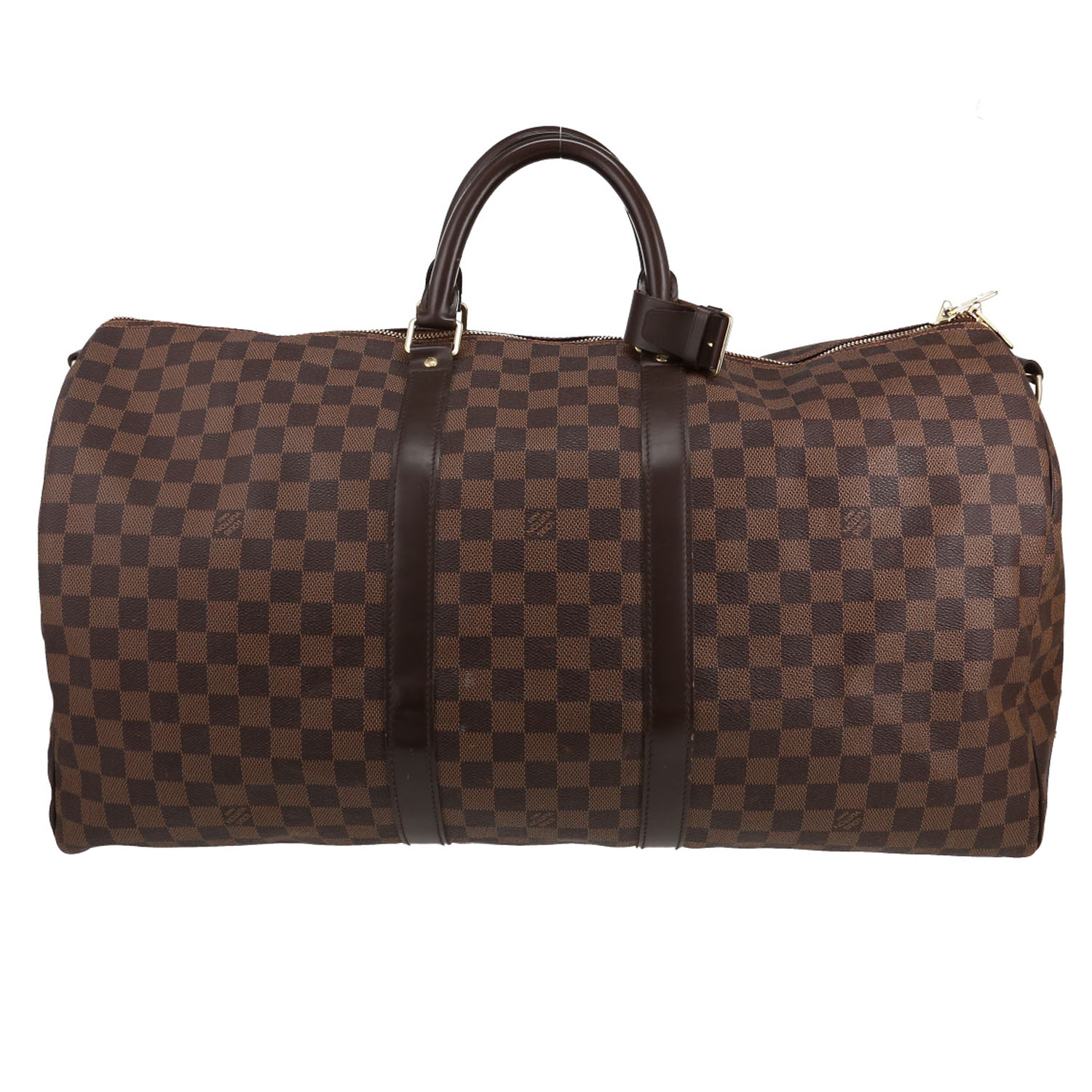 Sac de voyage Louis Vuitton  Keepall 55 en toile damier ébène et cuir marron - Detail D5