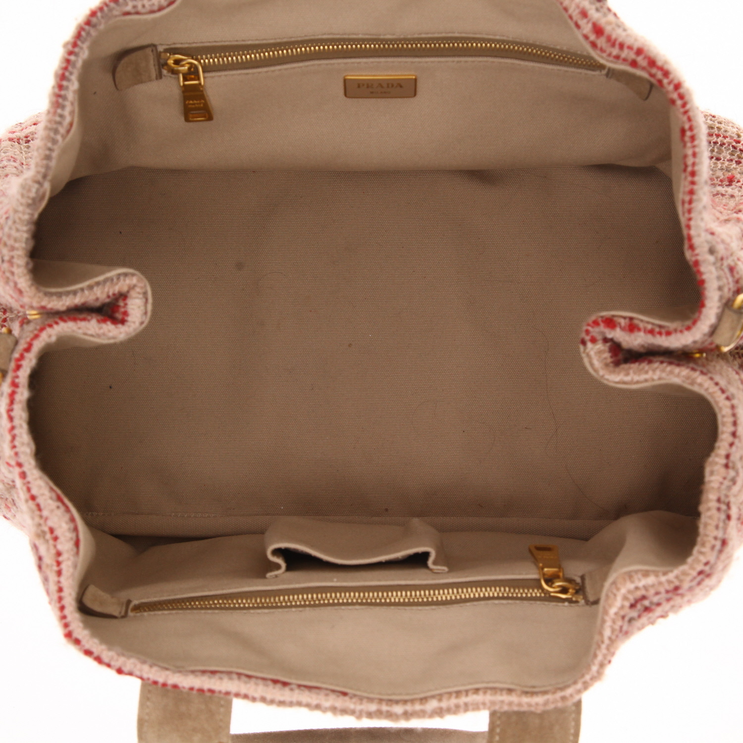 Shopping bag Prada   in tela rosa e beige e nubuck beige - Detail D7