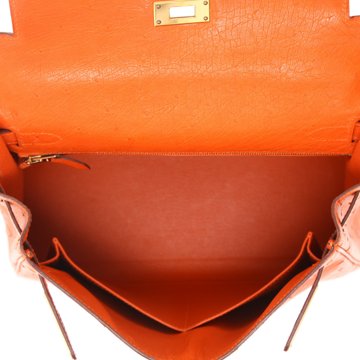 Bolso de mano Hermès  Kelly 28 cm en avestruz naranja - Detail D3