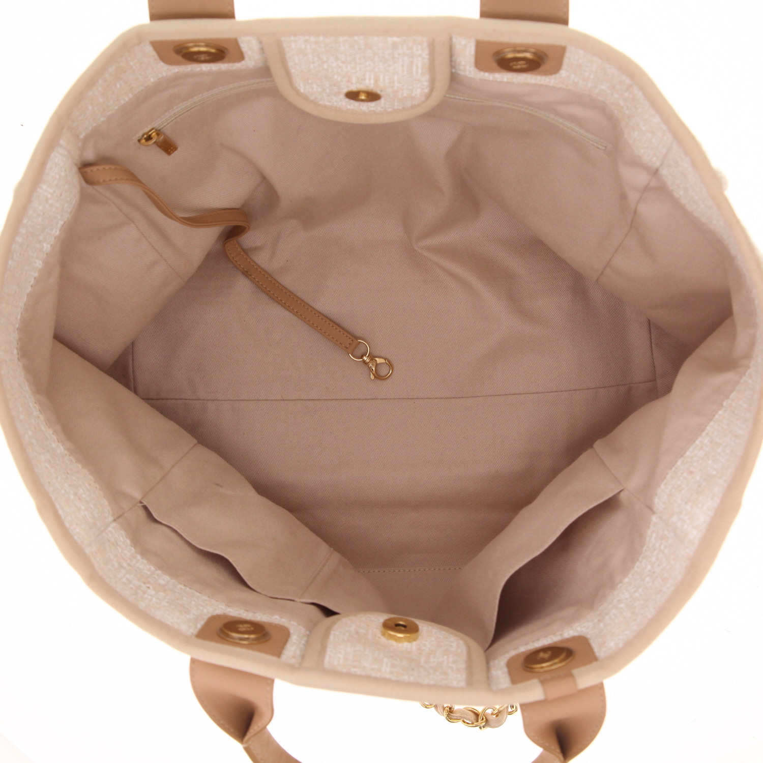 Chanel  Deauville shopping bag  in ecru canvas  and beige leather - Detail D3