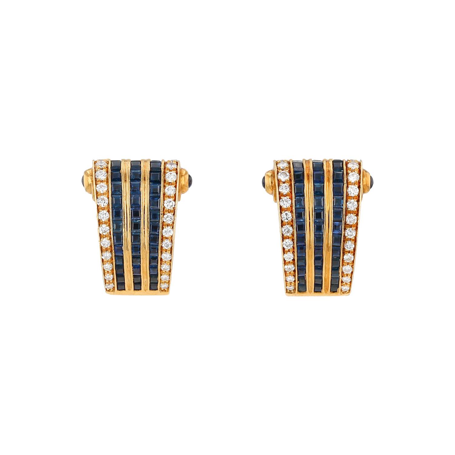 Vintage  earrings for non pierced ears in yellow gold, sapphires and diamonds