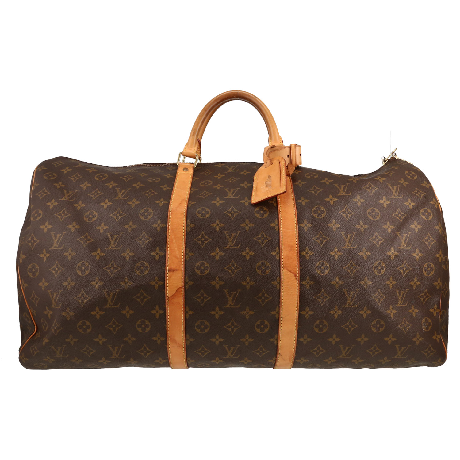 Sac de voyage Louis Vuitton  Keepall 60 en toile monogram marron et cuir naturel - Detail D1