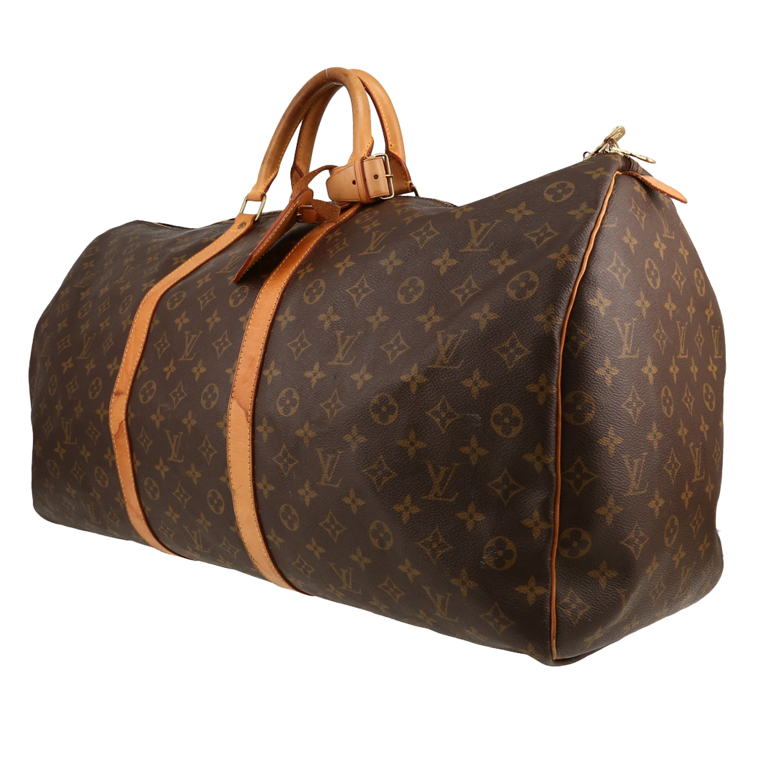 Borsa da viaggio Louis Vuitton  Keepall 60 in tela monogram marrone e pelle naturale - Detail D2