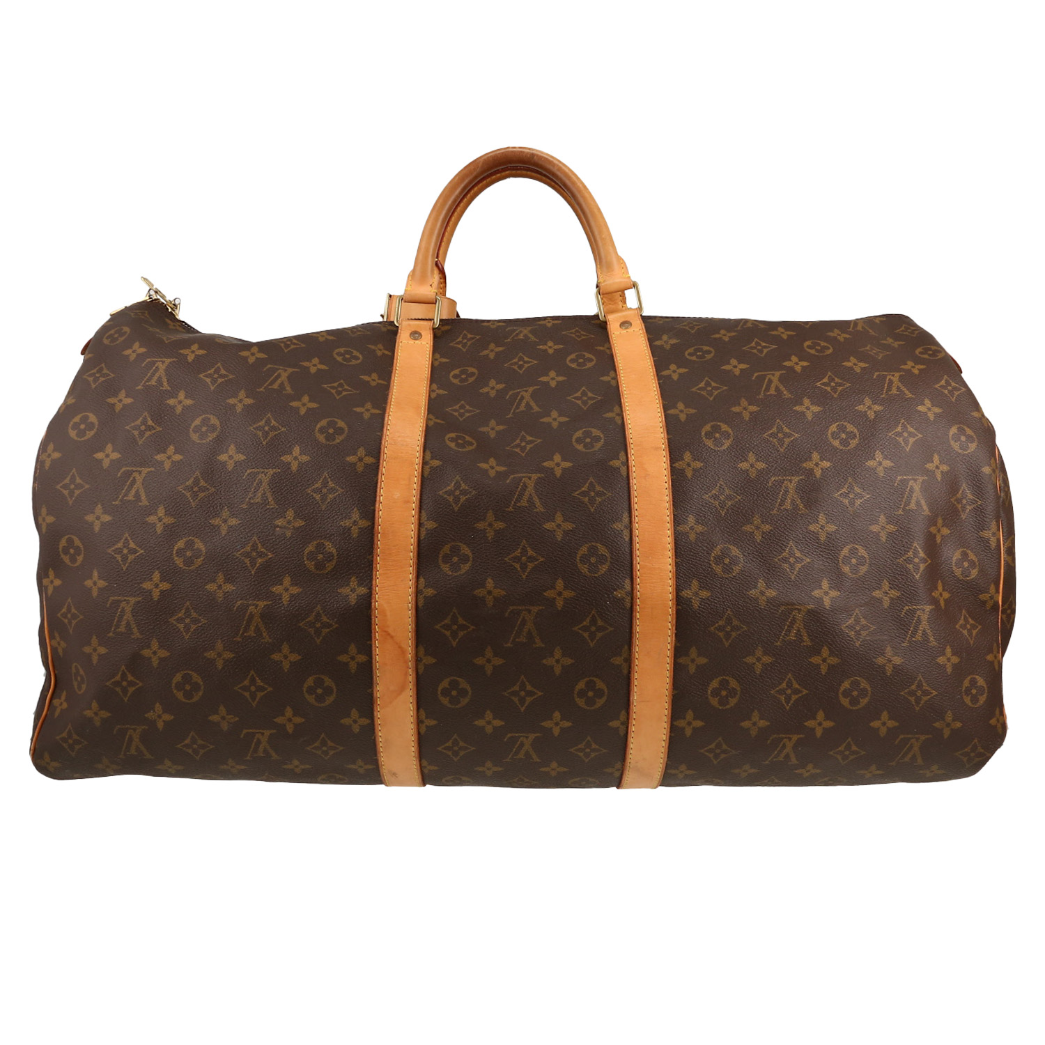 Sac de voyage Louis Vuitton  Keepall 60 en toile monogram marron et cuir naturel - Detail D5