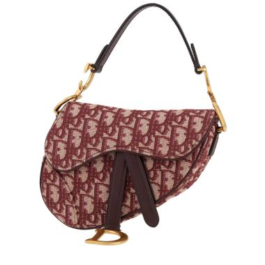 Bolso de mano Dior  Saddle mini  en lona Monogram Oblique color burdeos y cuero color burdeos