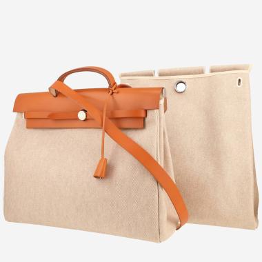 Sac porté épaule ou main Hermès  Herbag en toile beige et cuir naturel