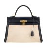 Hermès  Kelly 32 cm handbag  in navy blue box leather  and beige canvas - 360 thumbnail