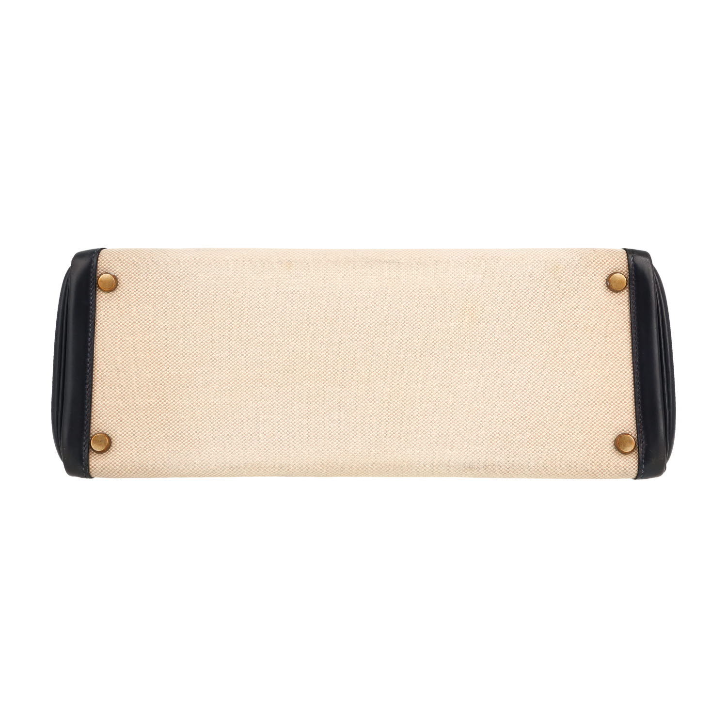 Borsa Hermès  Kelly 32 cm in pelle box blu marino e tela beige - Detail D1