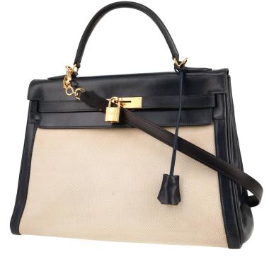 Sac à main Hermès  Kelly 32 cm en cuir box bleu-marine et toile beige