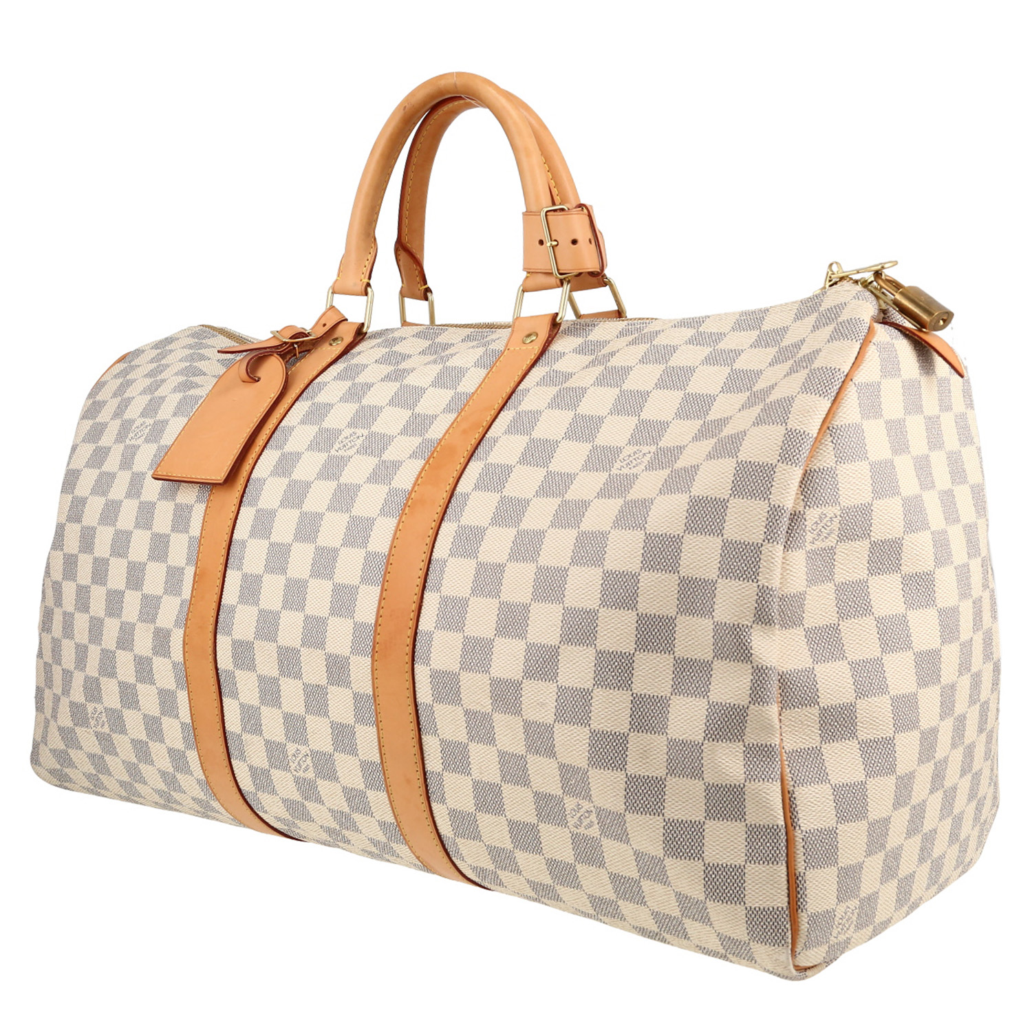 Sac de voyage Louis Vuitton  Keepall 50 en toile damier azur et cuir naturel - Detail D2