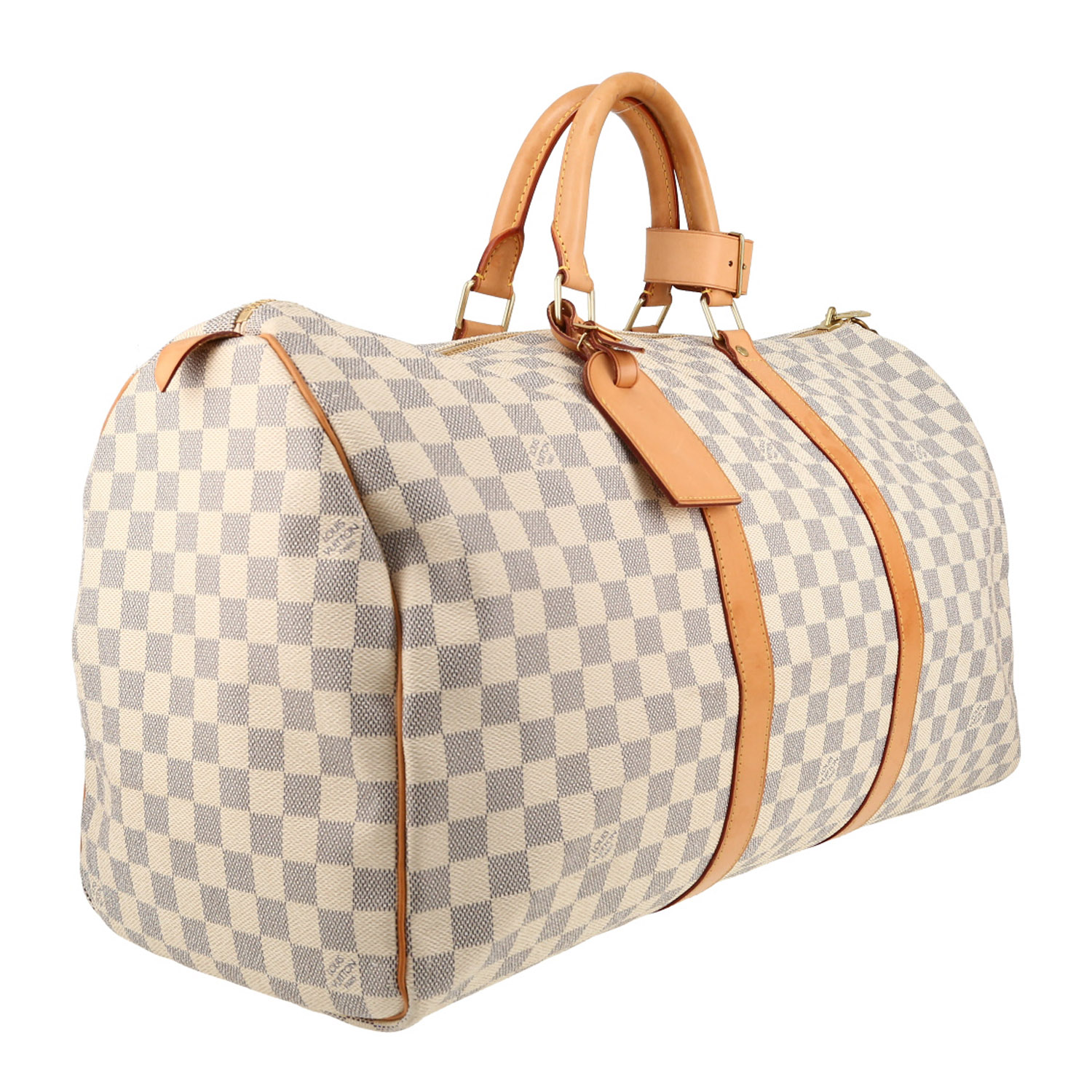 Borsa da viaggio Louis Vuitton  Keepall 50 in tela a scacchi azzurro e pelle naturale - Detail D3