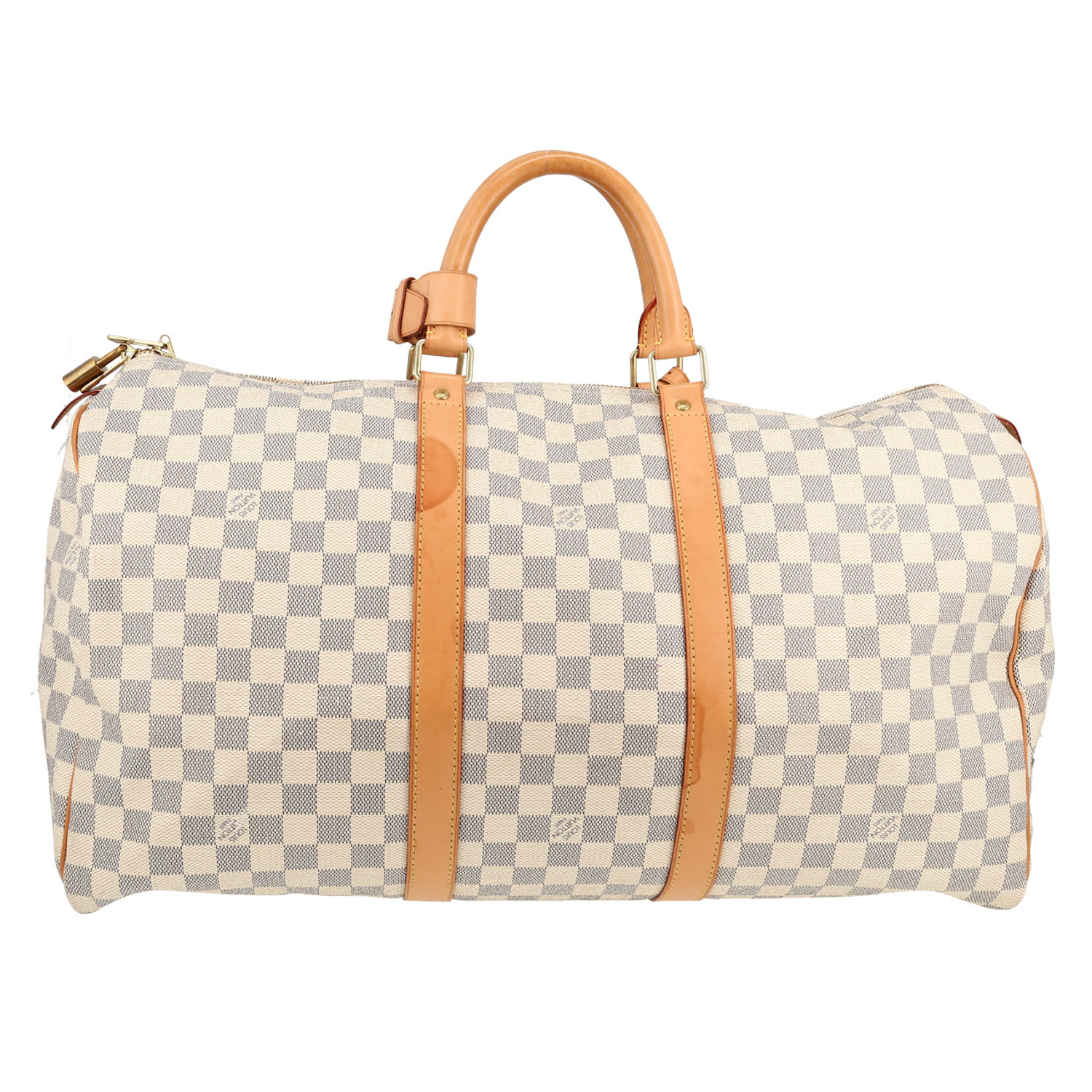 Bolsa de viaje Louis Vuitton  Keepall 50 en lona a cuadros azul celeste y cuero natural - Detail D5