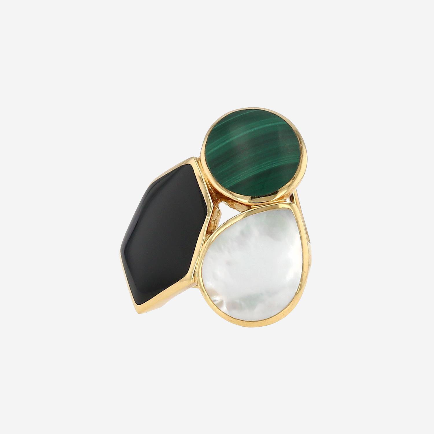 Sortija Vintage  de oro amarillo, nácar y piedras de colores