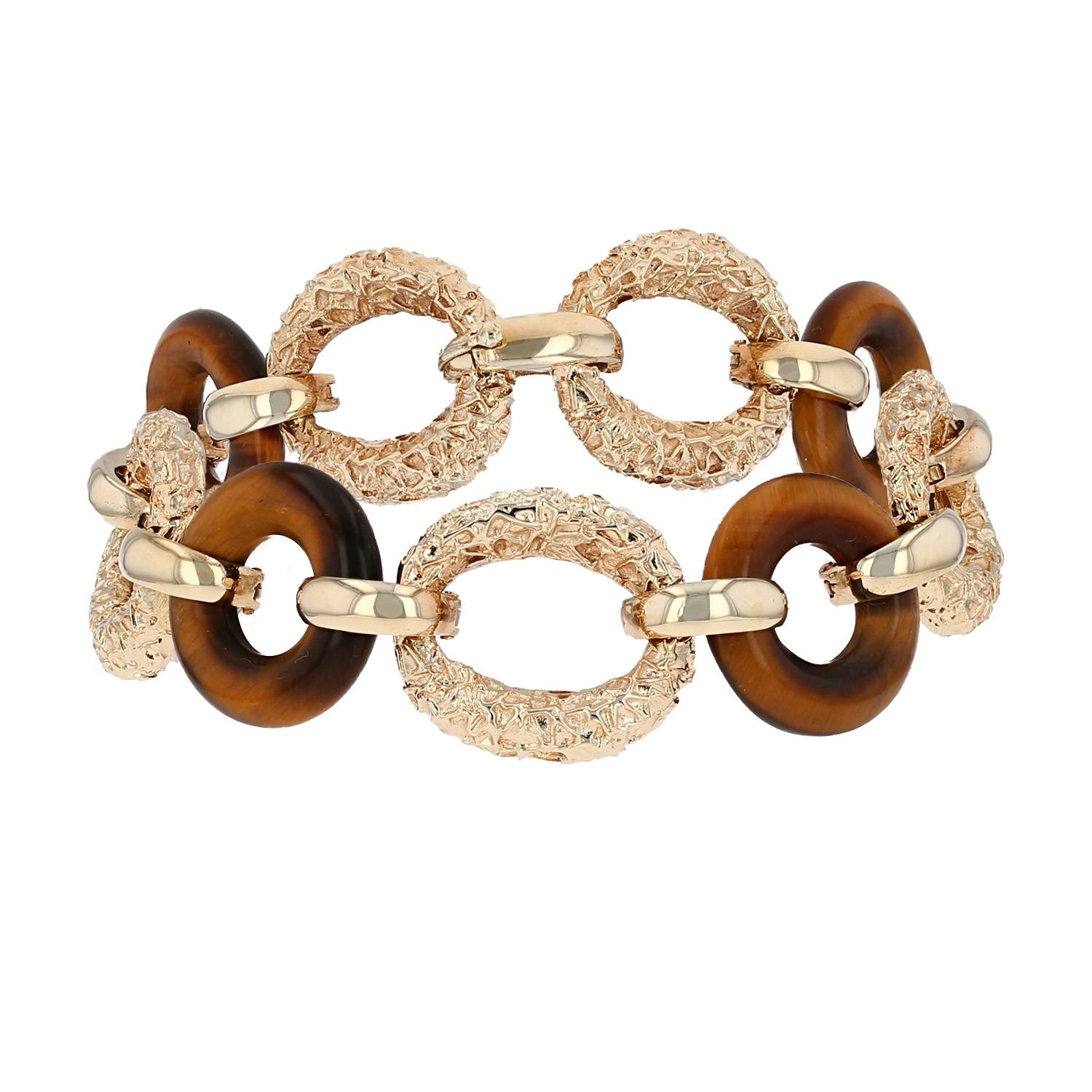 Bracelet Vintage  en or jaune 14 carats et oeil de tigre