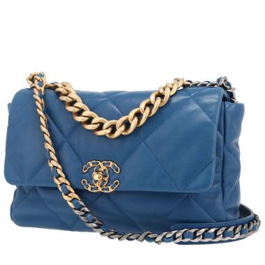 Bolso bandolera Chanel  19 modelo grande  en cuero acolchado azul