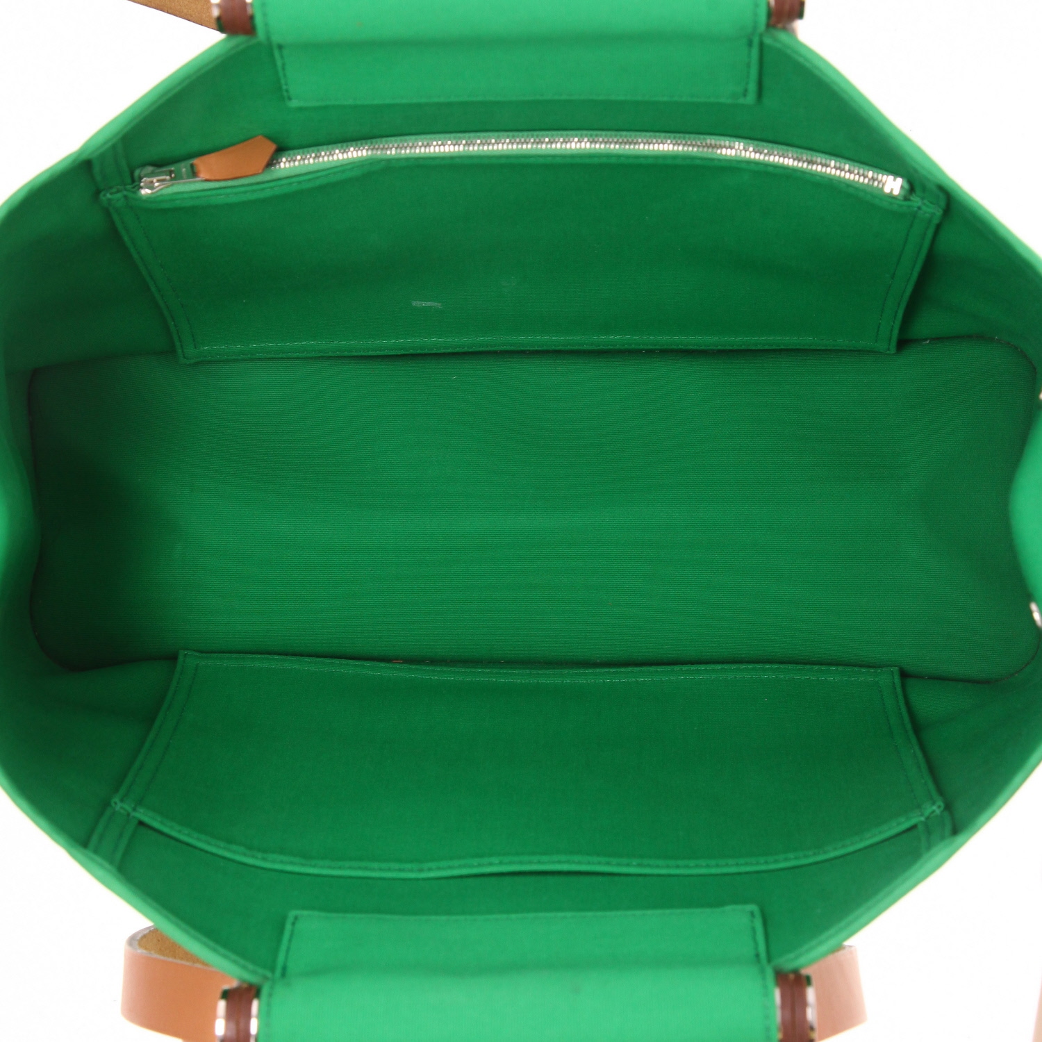 Shopping bag Hermès  Cabag in tela verde e pelle marrone - Detail D3