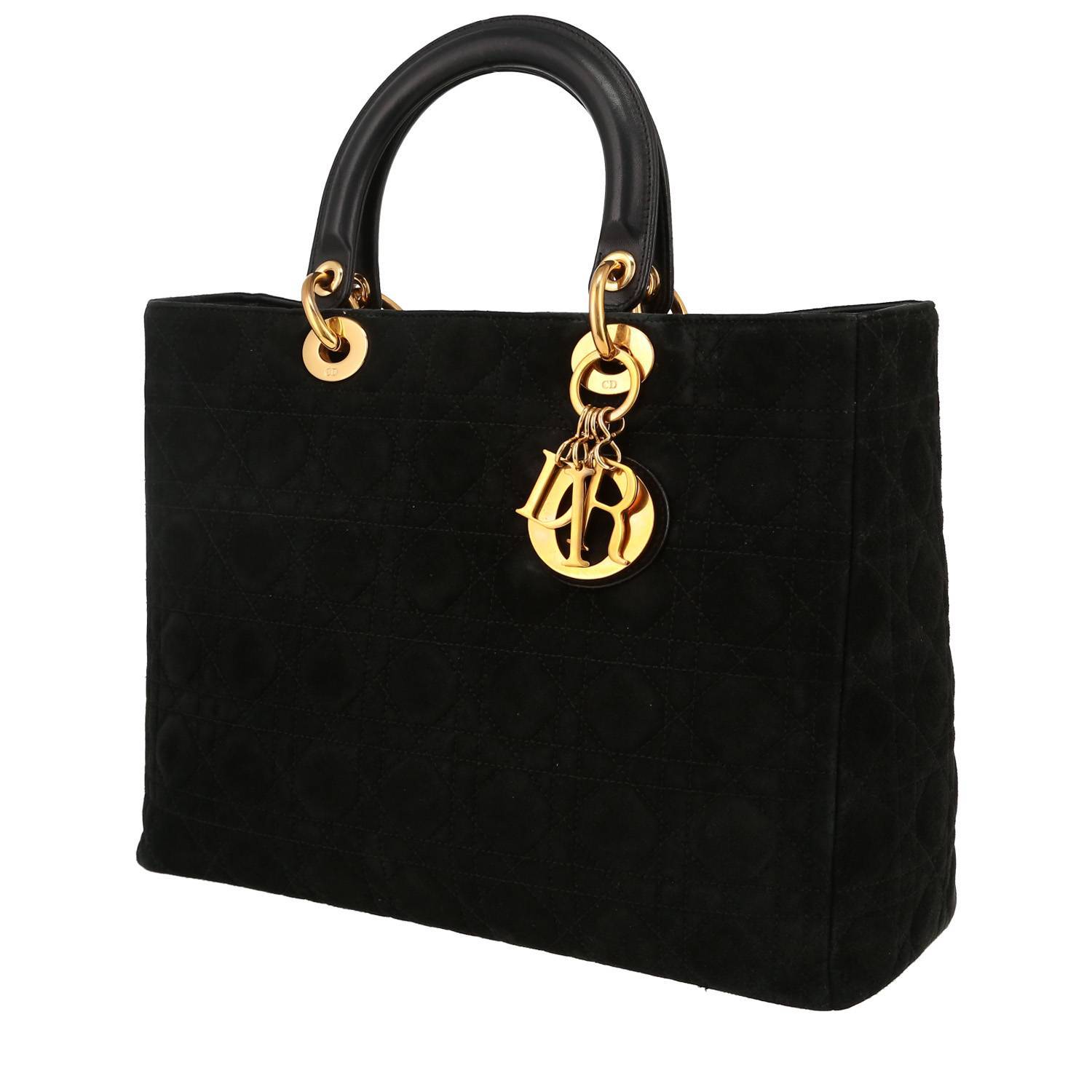 Dior Lady Dior large model handbag in black quilted suede and black leather