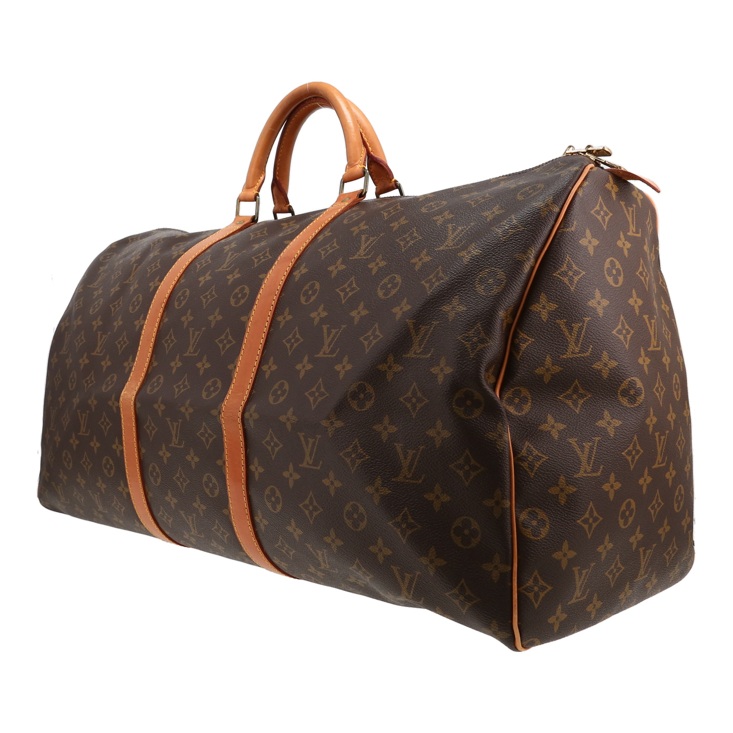 Bolsa de viaje Louis Vuitton  Keepall 60 en lona Monogram marrón y cuero natural - Detail D2