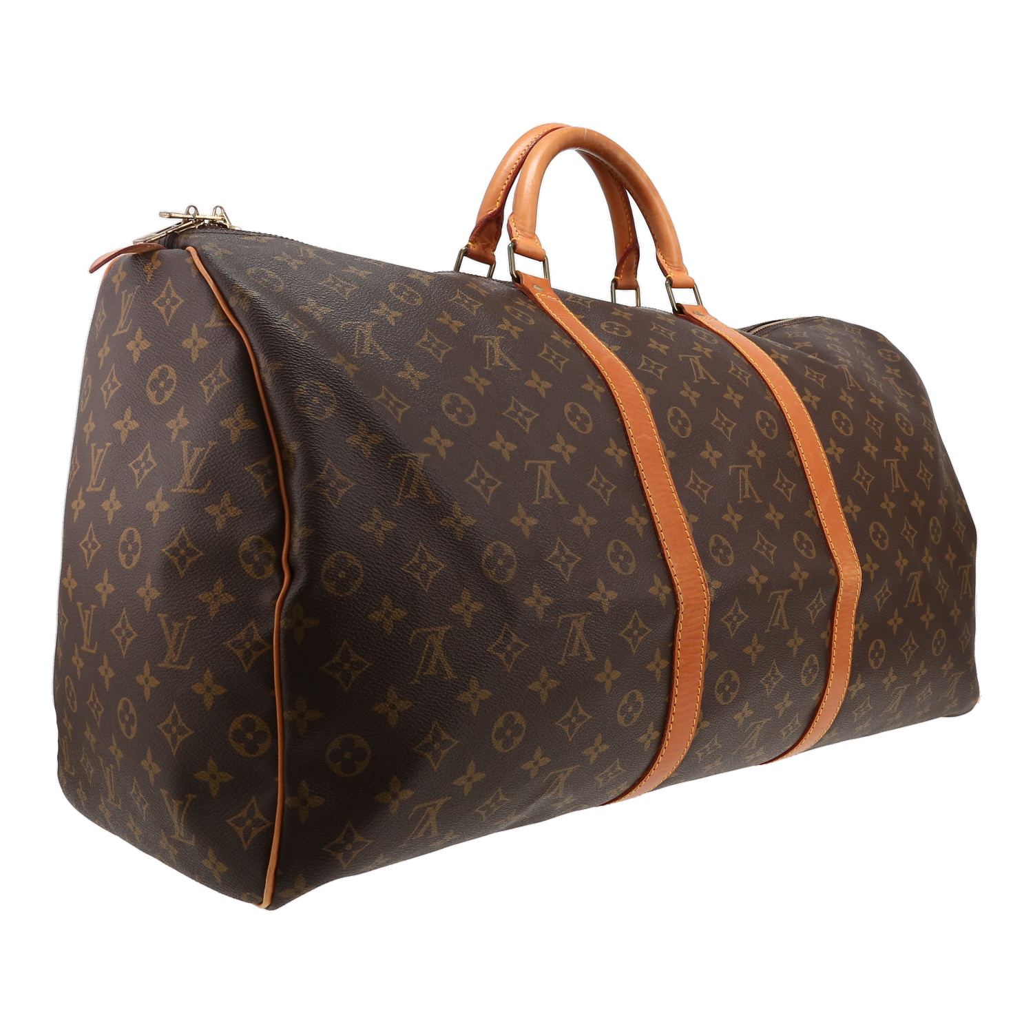 Bolsa de viaje Louis Vuitton  Keepall 60 en lona Monogram marrón y cuero natural - Detail D3